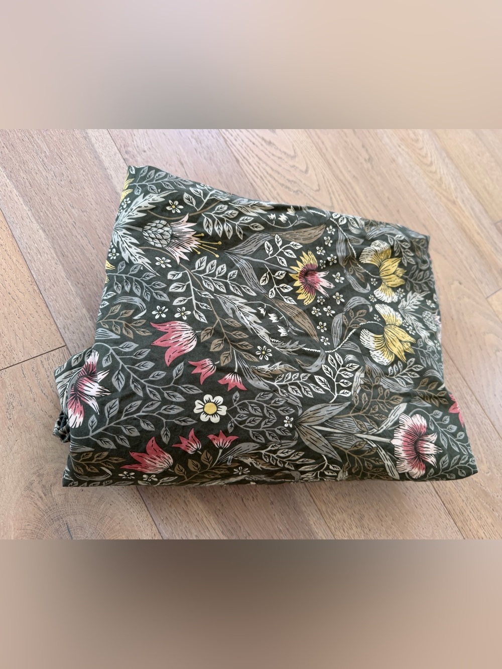 IKEA Olive Green Floral Duvet Cover with Pink & Yellow Blooms